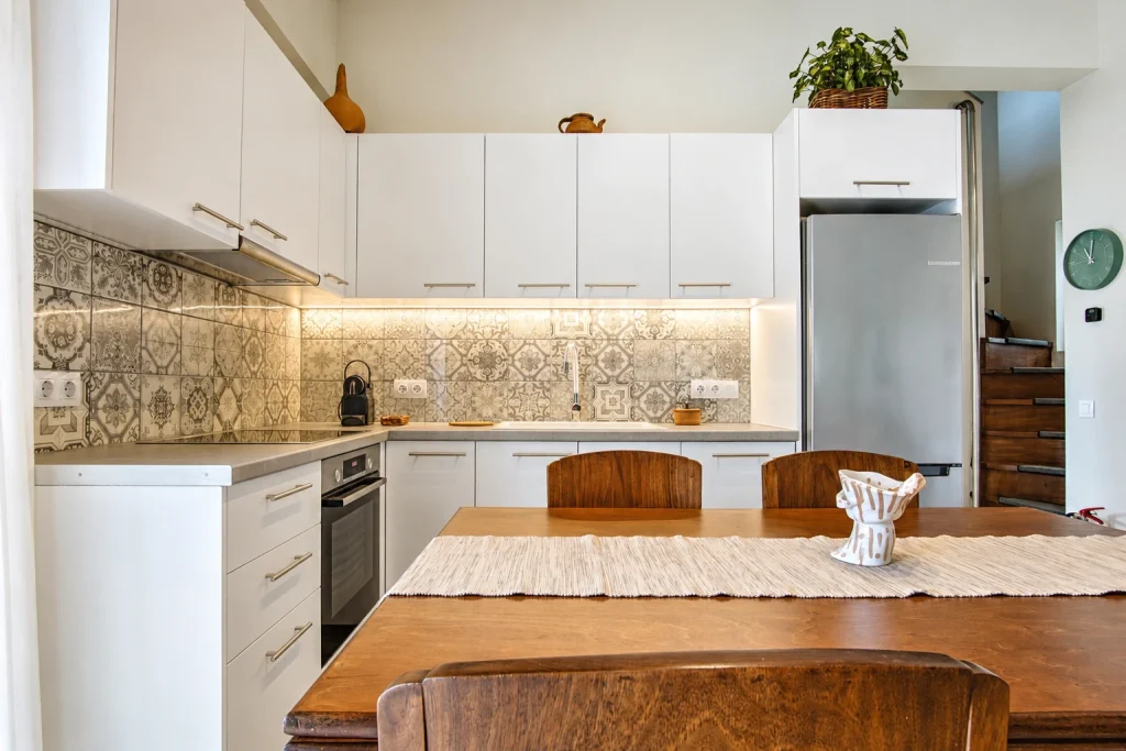 giardinia corfu holiday homes kitchen tiled backsplash dining table